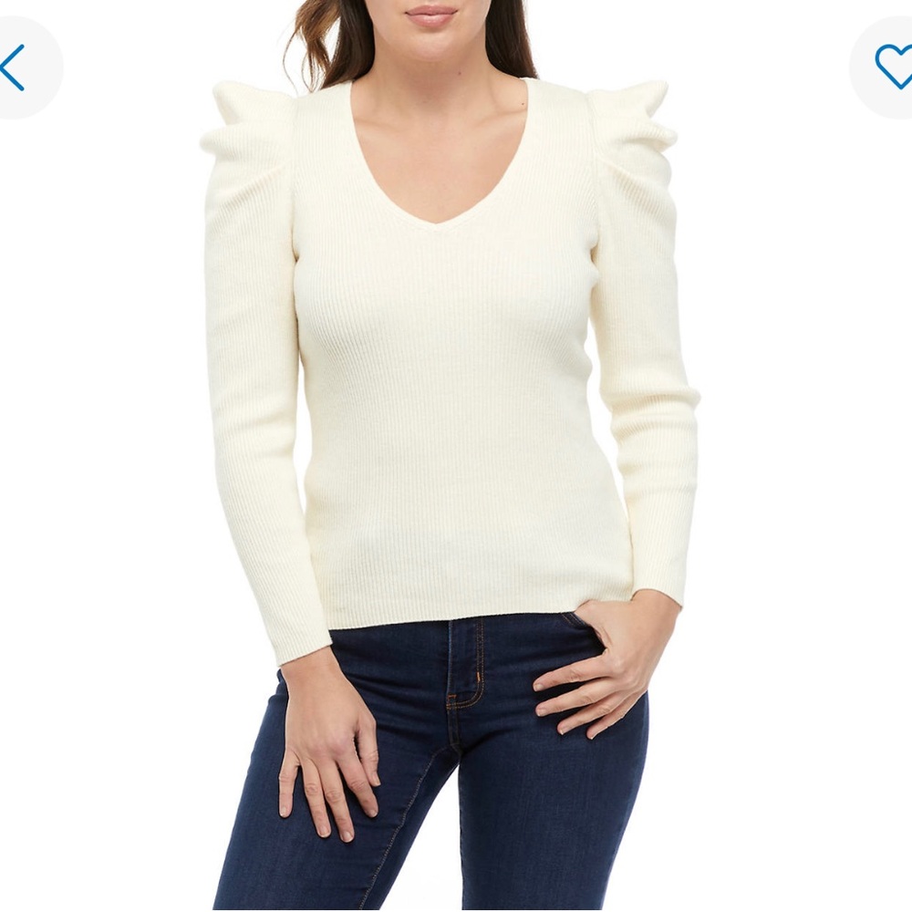 NWT Anne Klein Women’s Tan Ribbed Sweater V Neck Puffed Sleeve Size Large - Picture 10 of 11